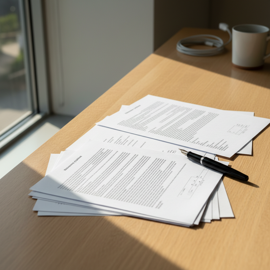 Black and white printed document pages neatly stacked on a desk, clean crisp text visible