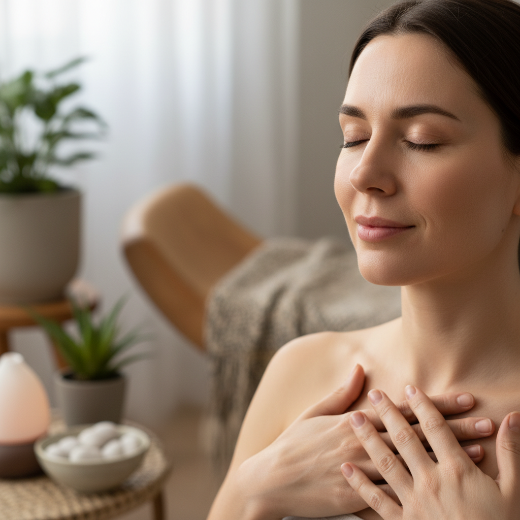 Person in warm light, peaceful and self-reflective, healing atmosphere