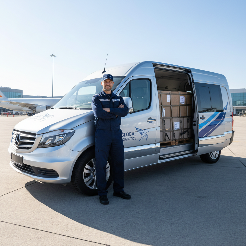 Lieferwagen kommt an Einzelhandelsgeschäft an, professioneller Fahrer mit Paketen