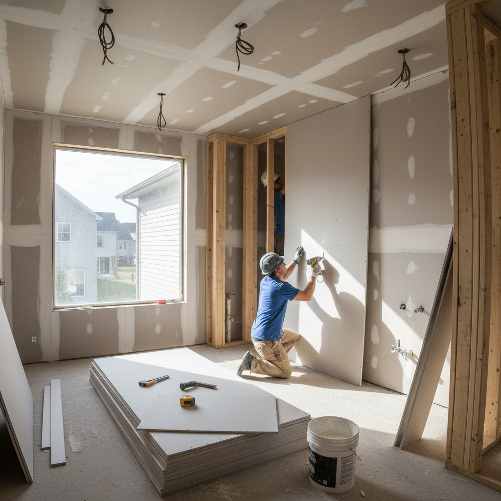 Drywall installation in progress, large drywall sheets being installed on interior wall framing of residential construction