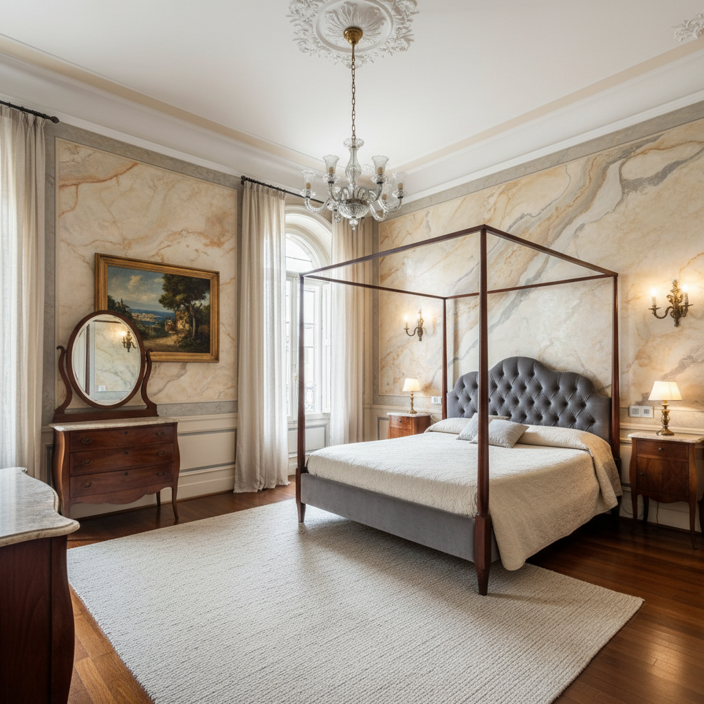 Estucado veneciano en dormitorio principal de Gràcia con efecto marmolado elegante