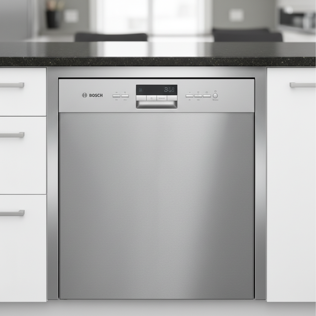 Bosch dishwasher installed flush under granite countertop with trim kit perfectly aligned