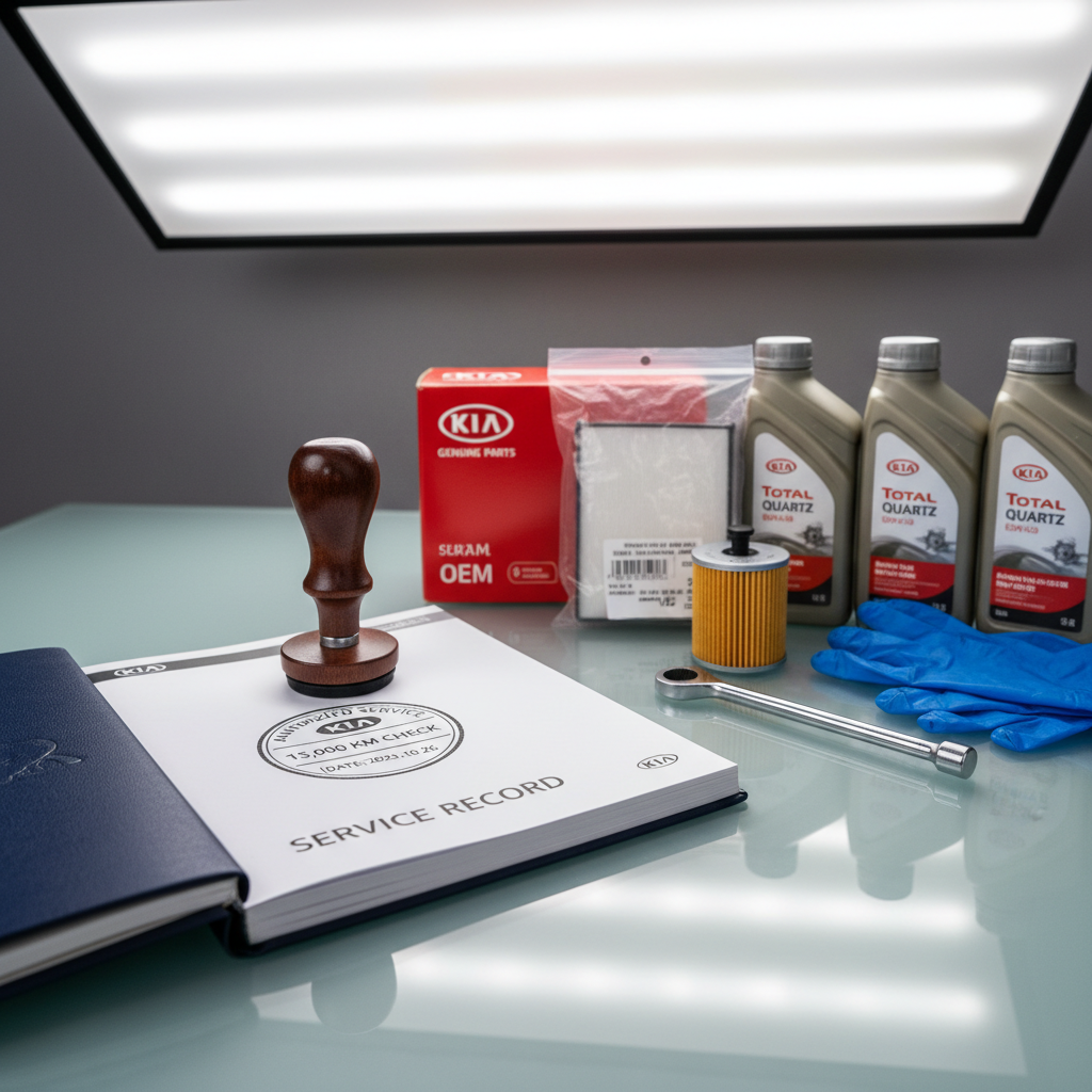 Clean service logbook being stamped alongside a Kia service kit with OEM parts