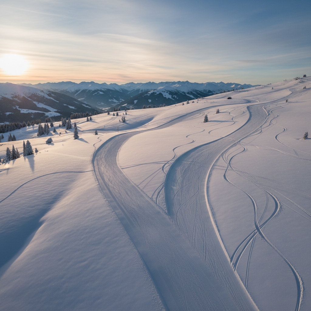 Aerial view of empty ski piste at first light, tracks carved in fresh snow