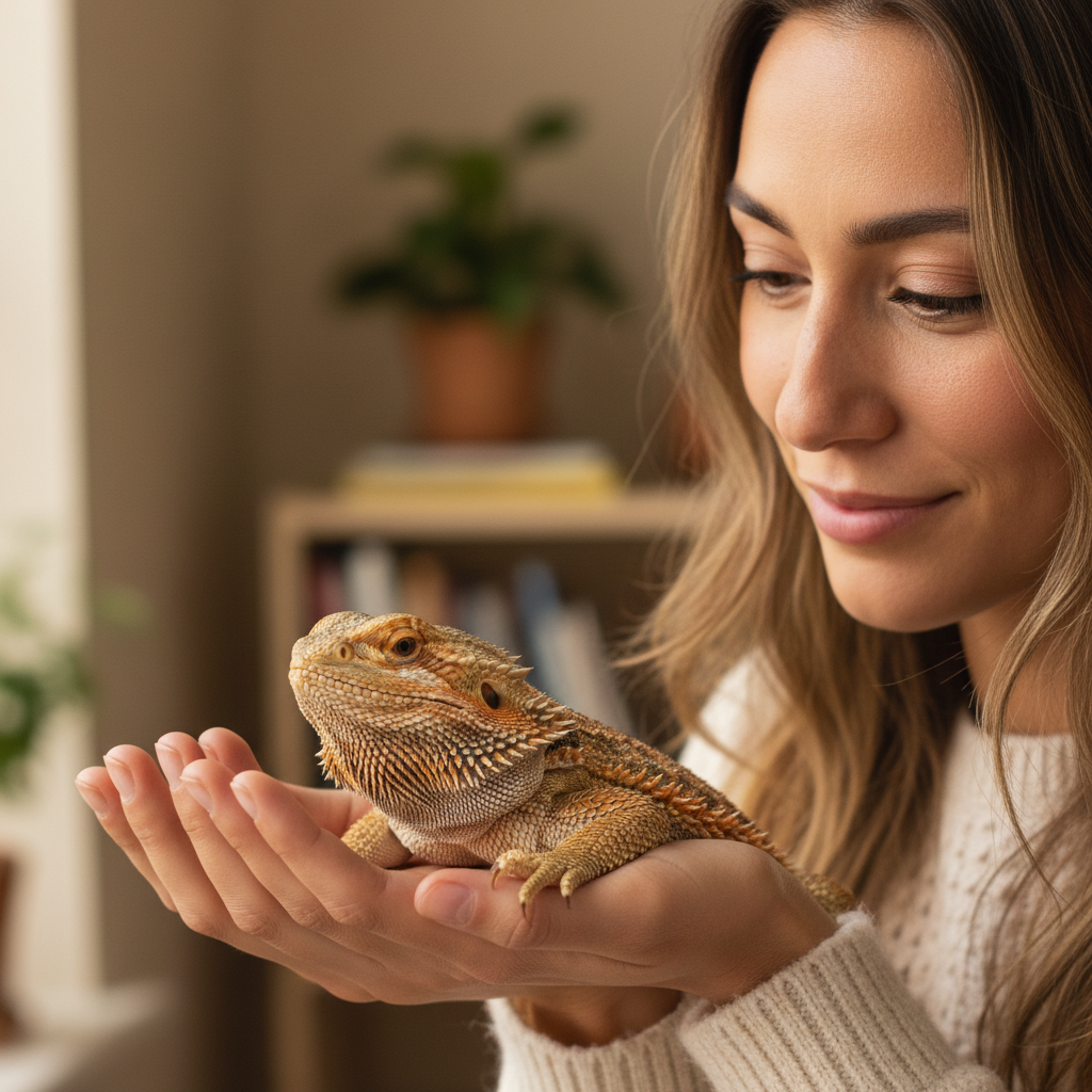 Portrait of Aisha Okonkwo, bearded dragon owner