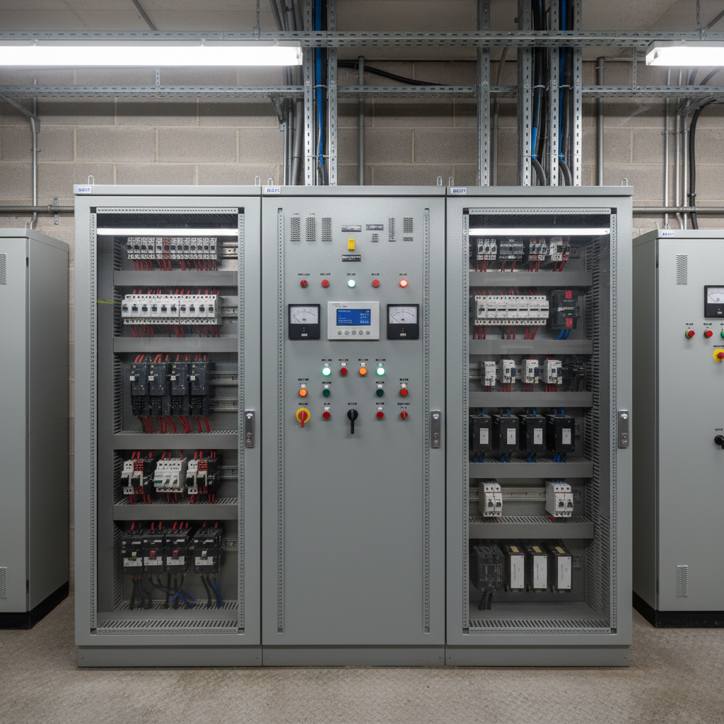 Industrial synchronizing panel with AMF controller installed in port operations electrical room
