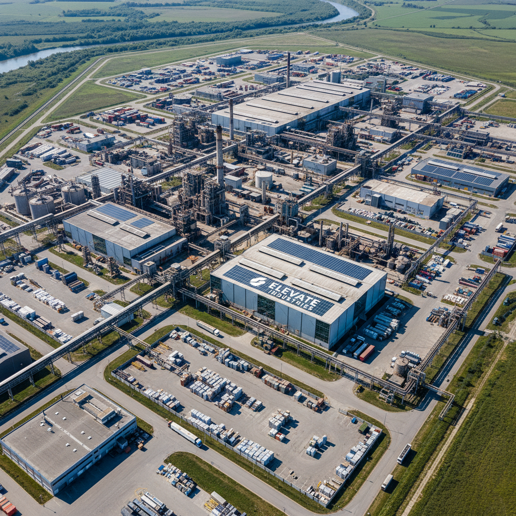 Large industrial solar installation on factory roof, aerial view, manufacturing complex