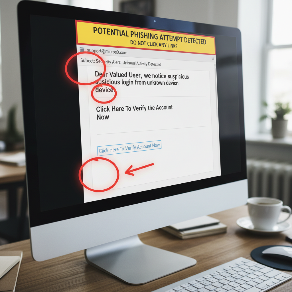 Close-up of a laptop screen showing email inbox with security warning indicators and phishing detection alerts