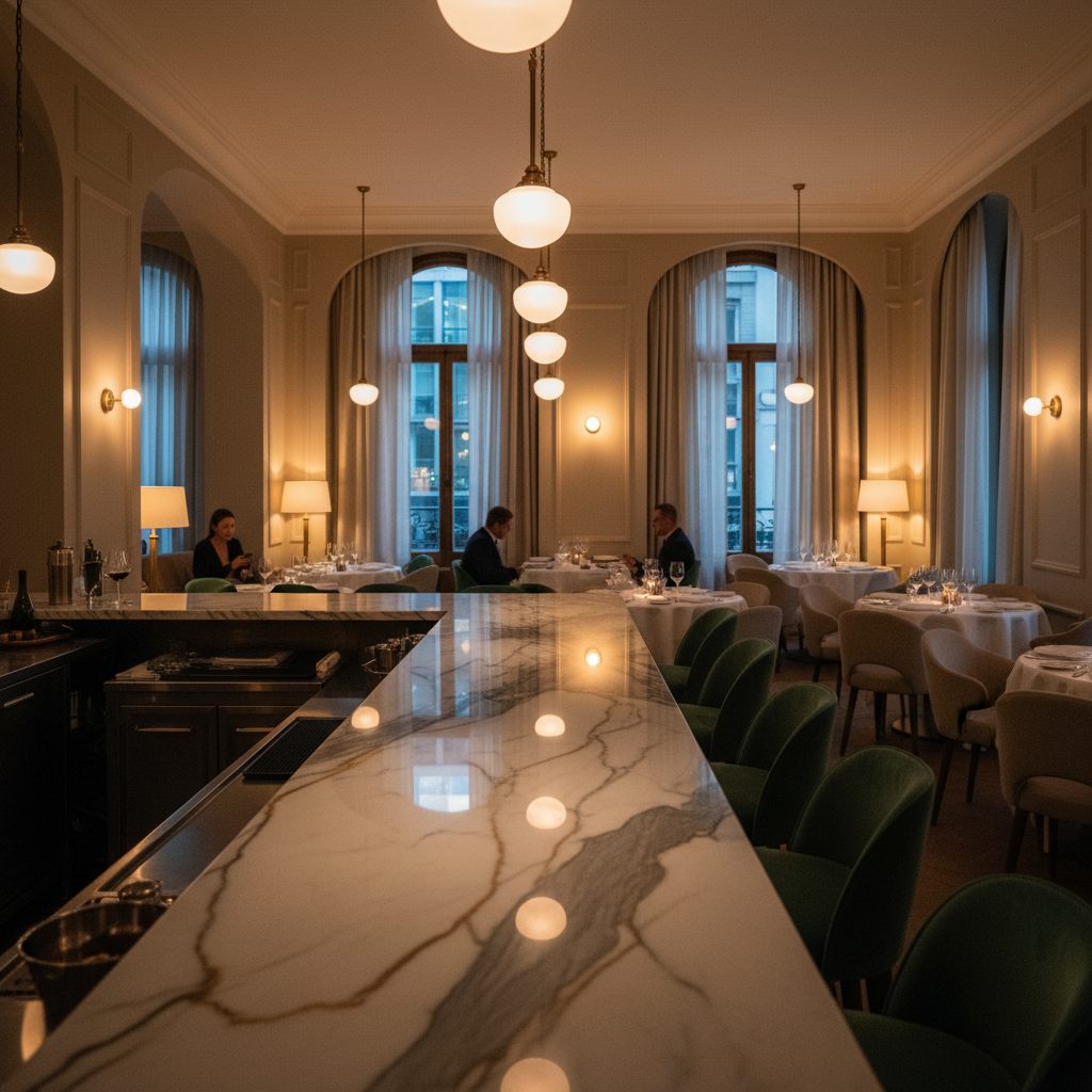Elegant restaurant dining room with polished marble counter and warm ambient lighting