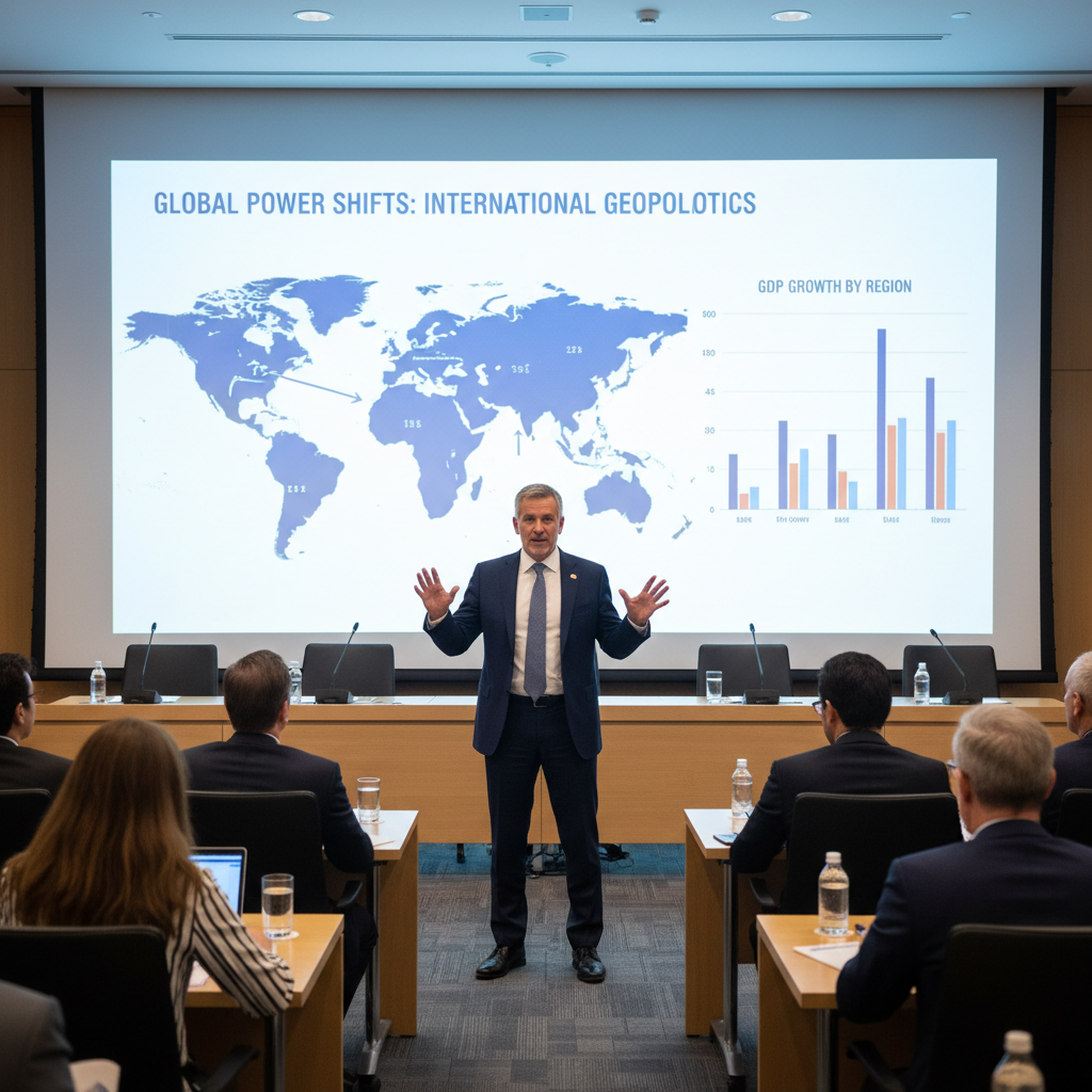 Experto en inteligencia estratégica impartiendo seminario en vivo sobre geopolítica internacional