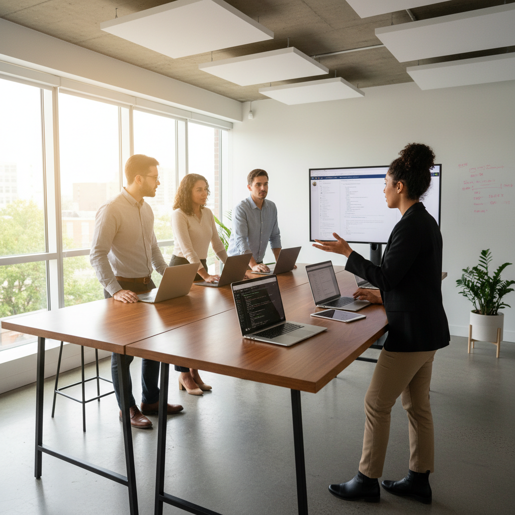 Five-person startup team mid-standup around a standing desk, laptops open, one person pointing at a screen