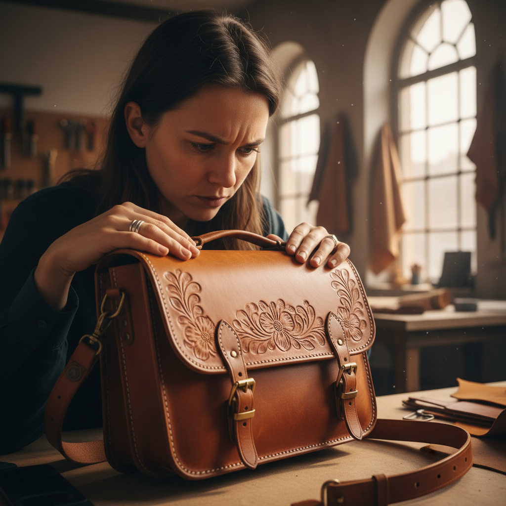 Finished leather bag being inspected by artisan hands, checking stitching quality in window light