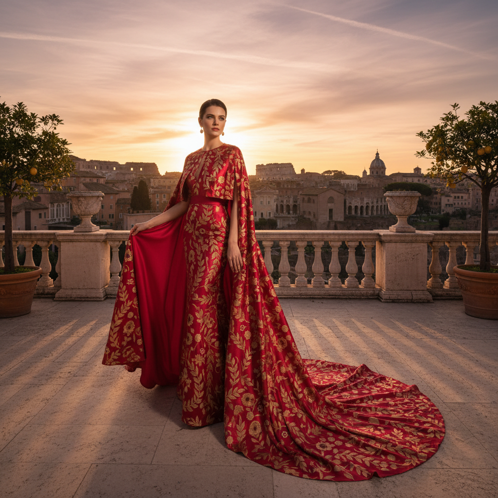 Model in coral pink evening dress, warm sunset tones, flowing fabric
