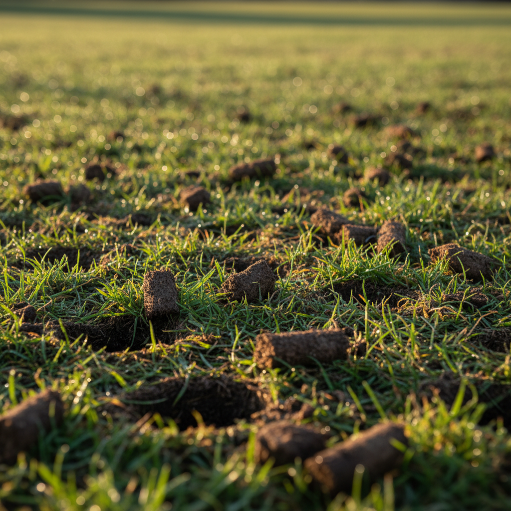 Close-up of freshly aerated lawn showing soil cores and lush green grass recovering in Delhi garden