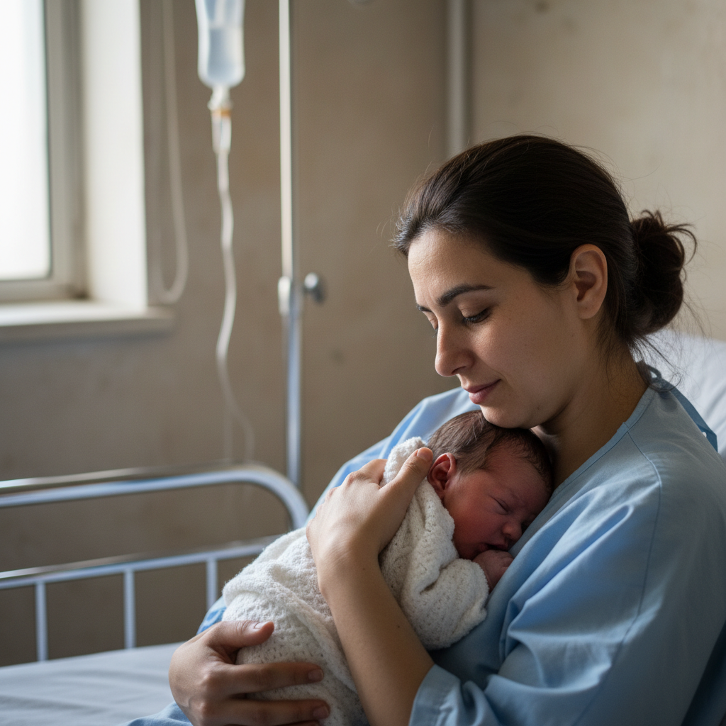 Mother holding newborn baby in clinic room, low-key warm lighting, shadowed hospital walls, dim background