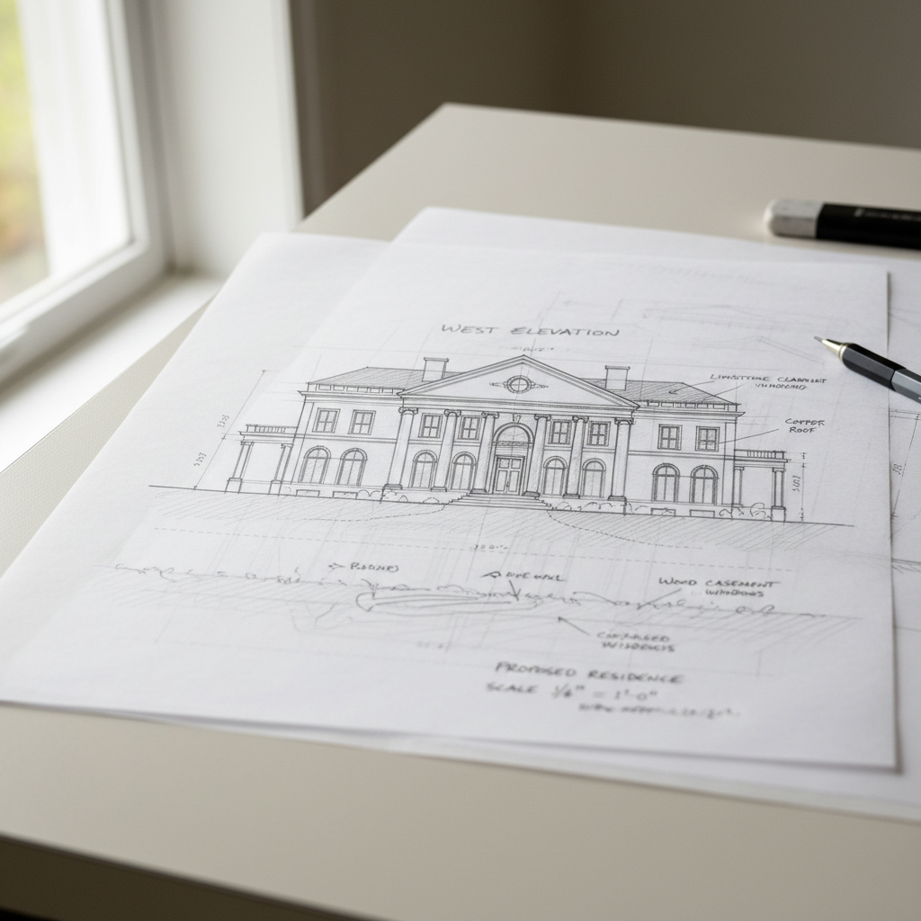 Architectural hand sketch and section drawing on drafting paper
