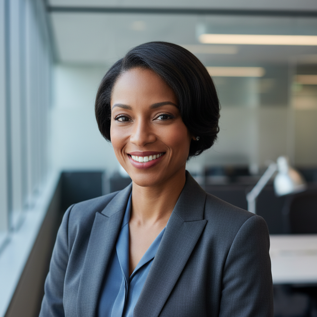Professional African American woman in business attire, smiling warmly in office setting