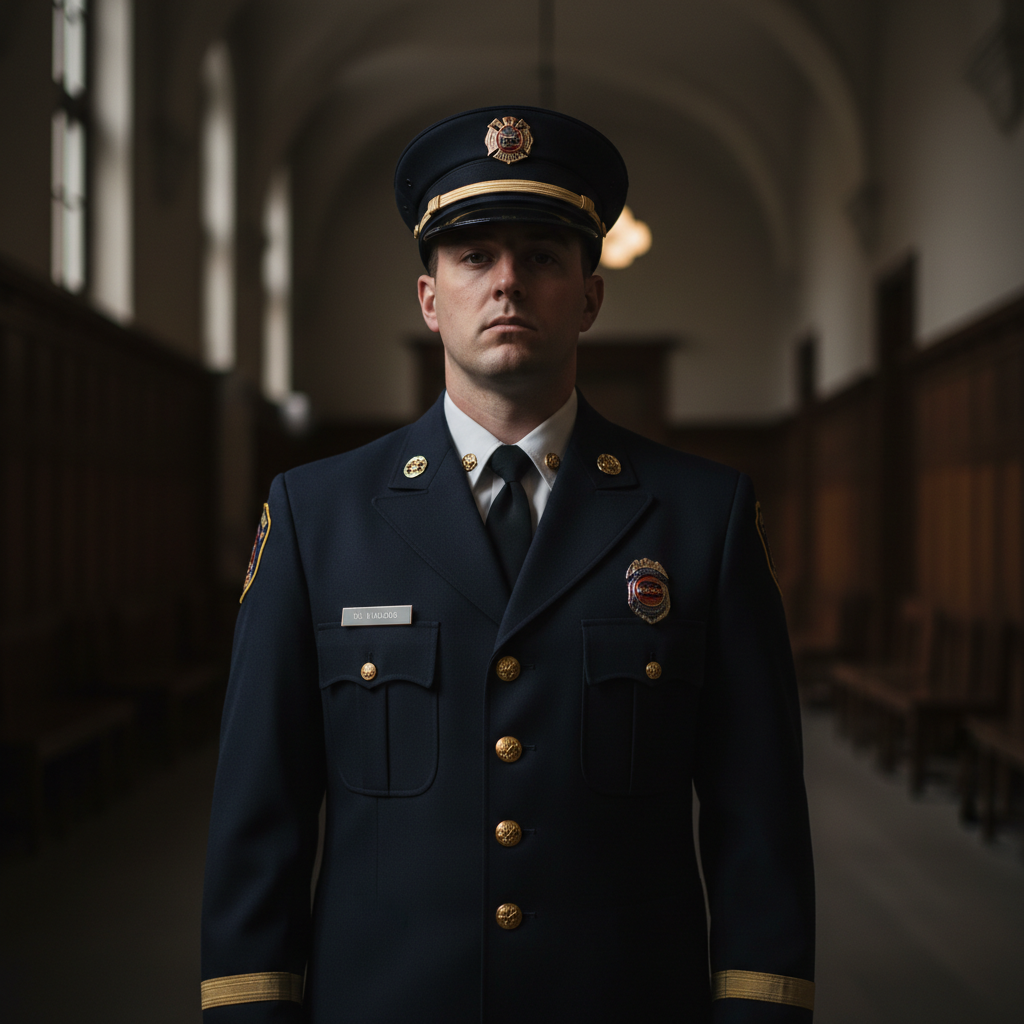 Firefighter in dress uniform at fire station, brass buttons fastened in dim light