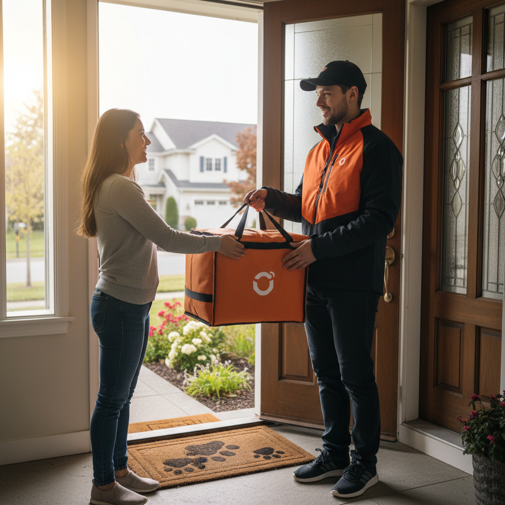 Food delivery bag being handed to customer at front door