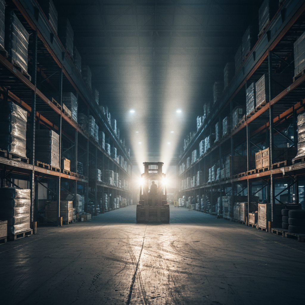 Aerial view of large warehouse interior with rows of shelving in dim industrial lighting, dark shadows between aisles, atmospheric low-key
