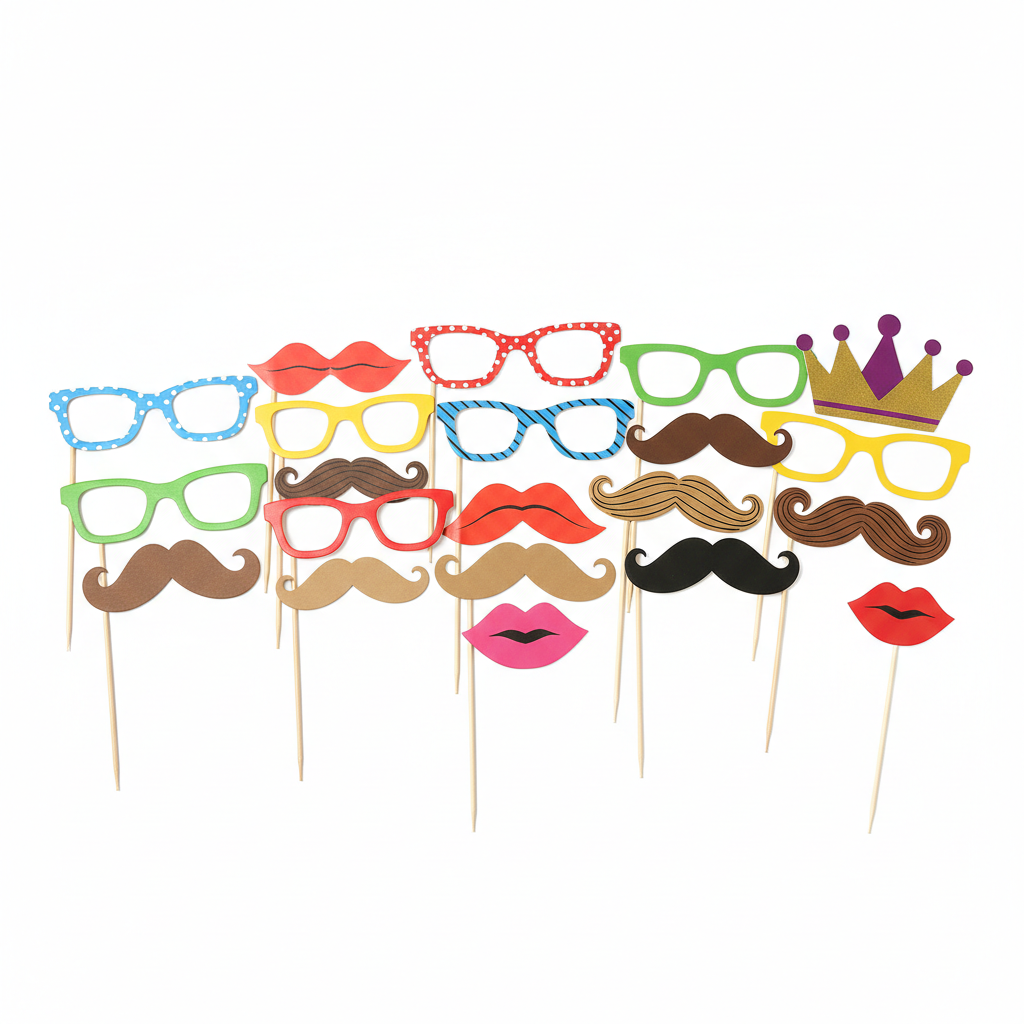 Colorful cardboard photo booth props including glasses and mustaches