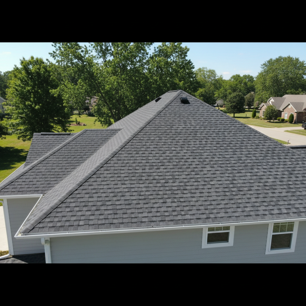 Completed roof installation showing clean ridge line and uniform shingle pattern