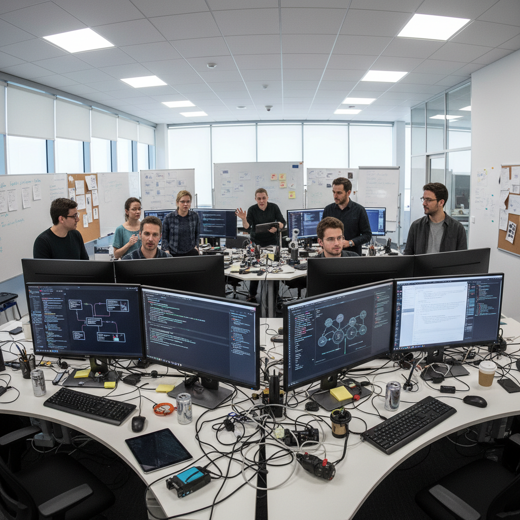 Three developers working at dark monitors in a dimly lit office, blue screen glow, focused team at workstations