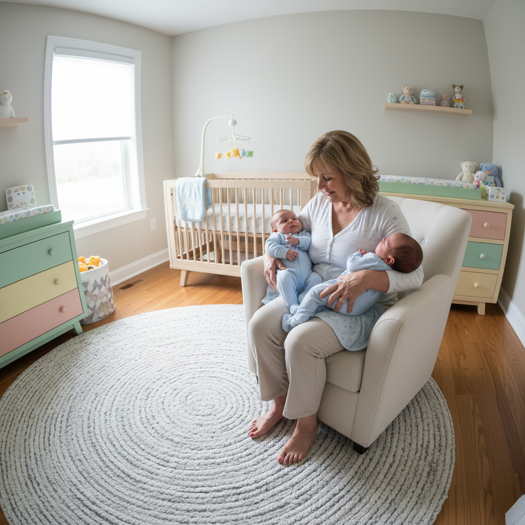 Professional nanny caring for a baby in a bright nursery room
