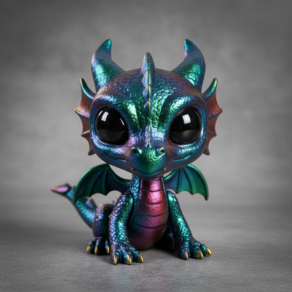 Finished painted toy with glossy eyes, saturated colors and iridescent sheen on plastic, professional studio lighting