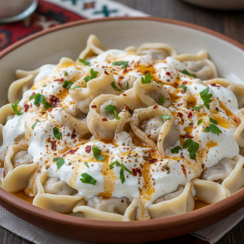 Hand-rolled Turkish manti dumplings in white bowl with garlic yogurt and red butter sauce