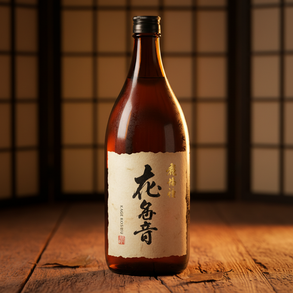 Kage Koshu aged sake bottle in dark amber glass with aged paper label, photographed on cedar wood