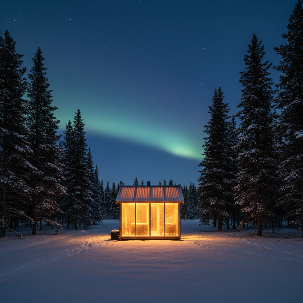 Glowing amber tiny house at blue hour framed by dark spruce trees with faint aurora above roofline