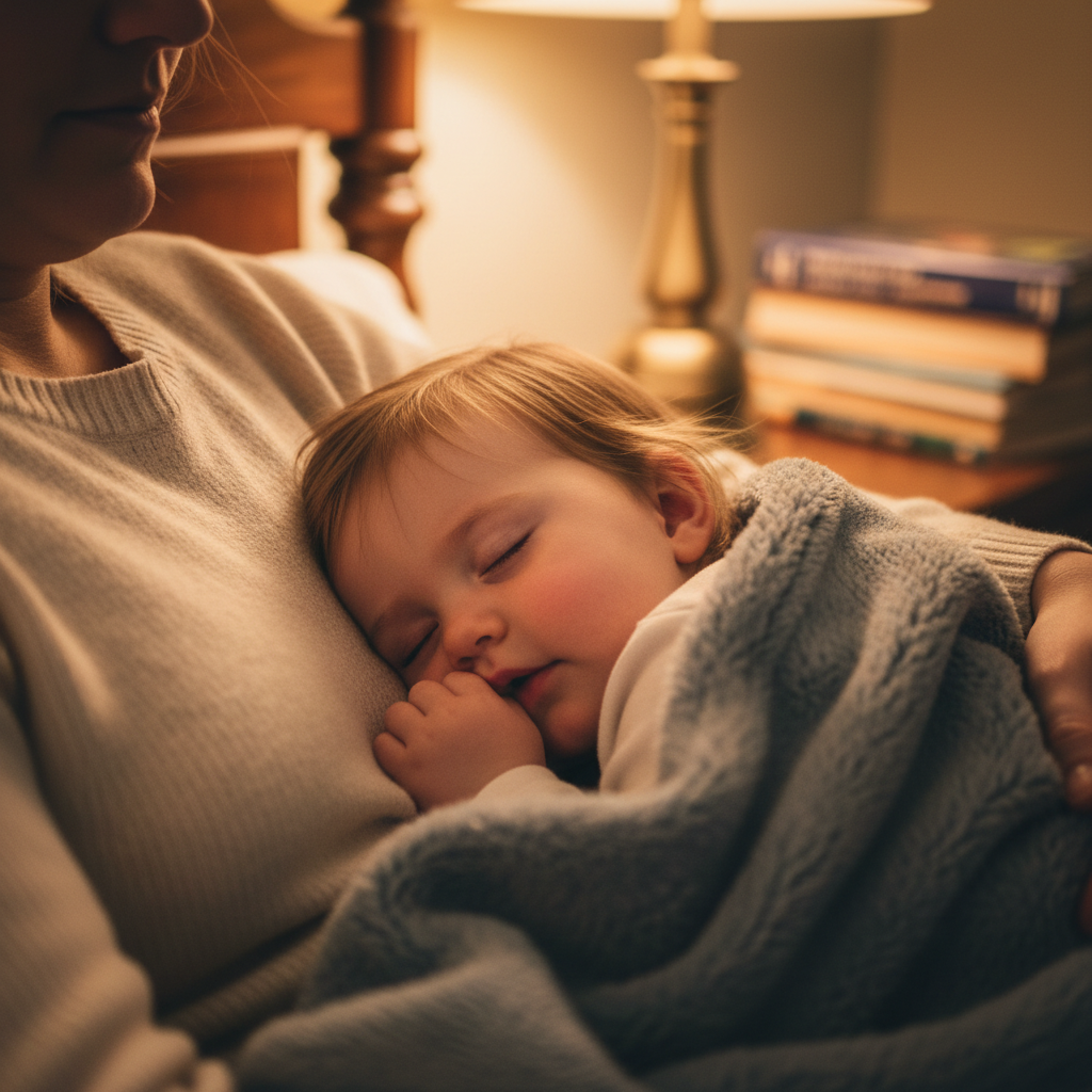 Parent gently holding a sleeping toddler in warm bedroom light