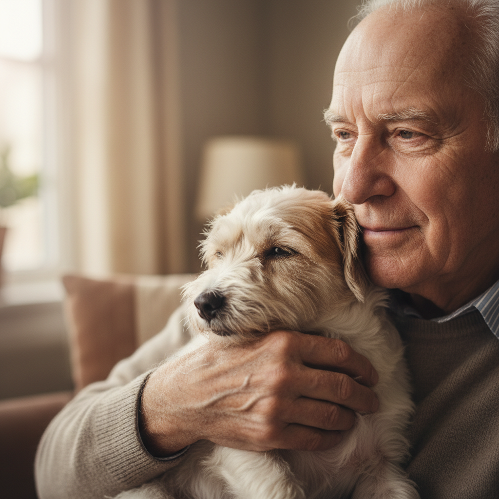 Small terrier dog being gently held by an elderly man, both looking calm and relieved