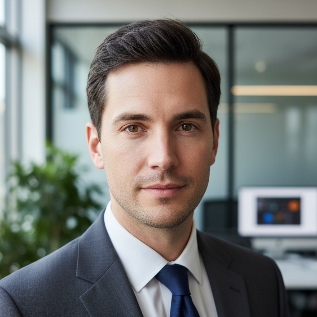 Professional headshot of European man with glasses in tech office environment with natural light