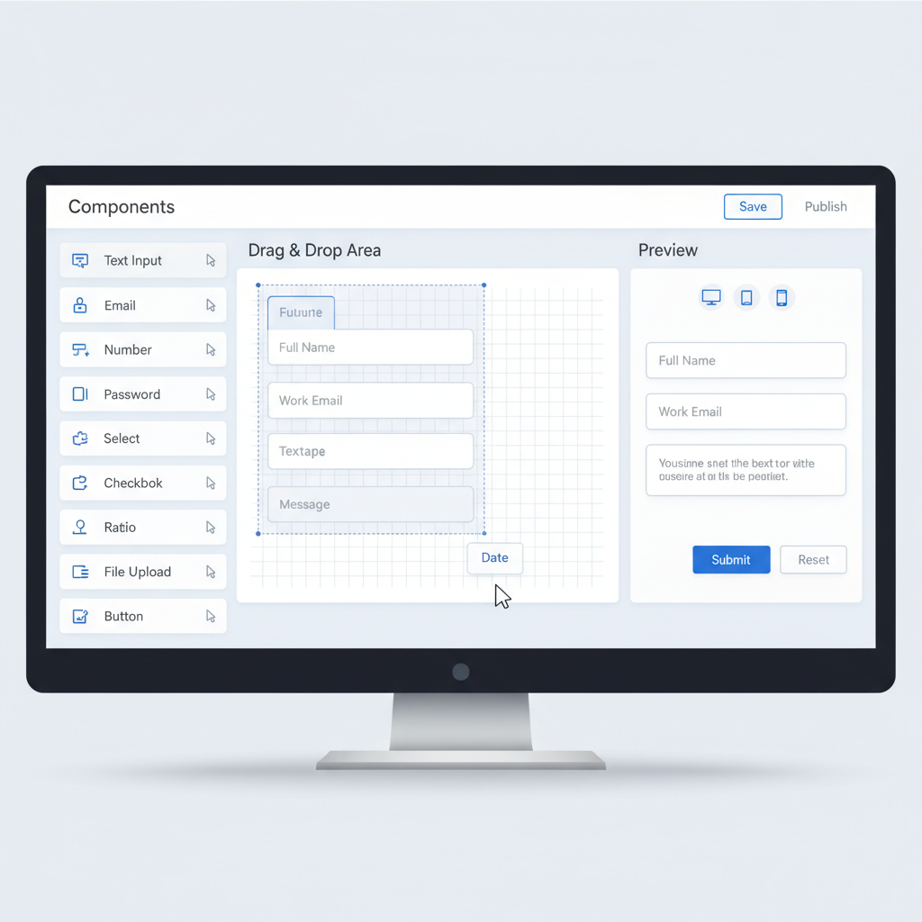 Web content management interface on laptop screen, neutral tones, structured grid layout, bright studio lighting