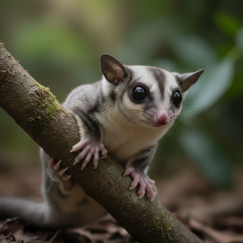 Small sugar glider with large eyes and grey fur clinging to a branch in dim lighting
