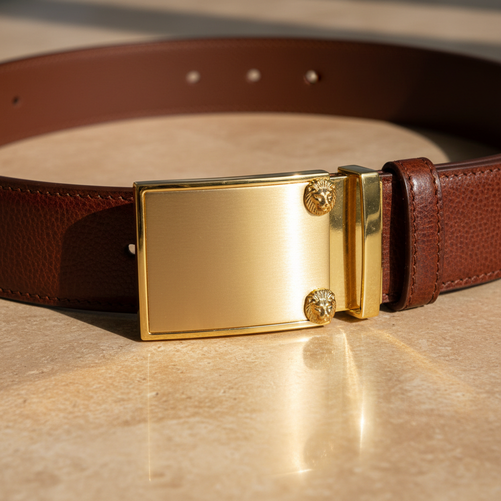 Premium leather belt on marble surface, bright airy studio photography