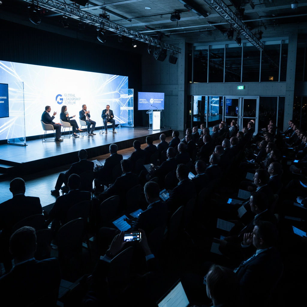 Intimate panel discussion, bright conference room, world leaders seated, professional lighting