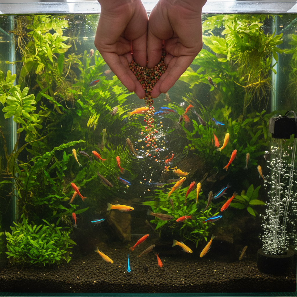 Overhead view of a rimless planted aquarium with hands dropping vibrant fish food granules into the water column, fish rising to the surface in a swirl of color