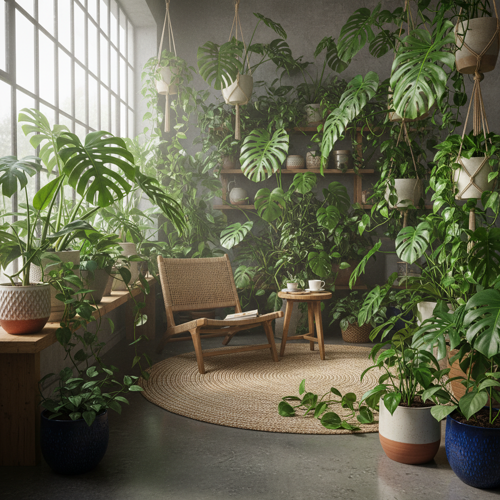 Bright indoor plant collection arranged on white shelving with monstera and pothos in modern home office setting with natural light