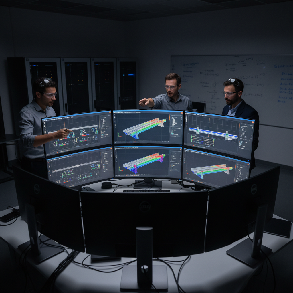 Engineers analyzing structural simulation data on large monitors showing solar rail finite element analysis