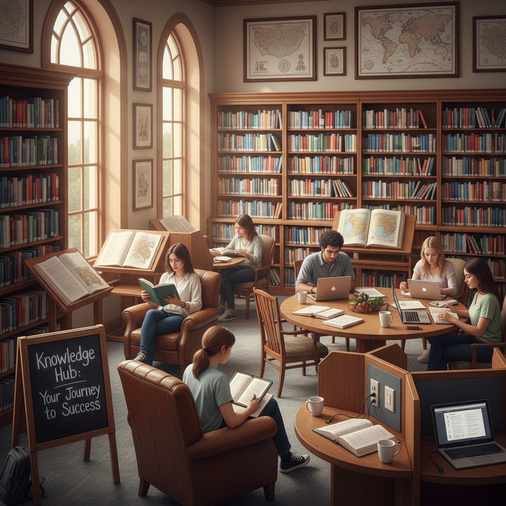 College students studying together with laptops and notebooks in a library