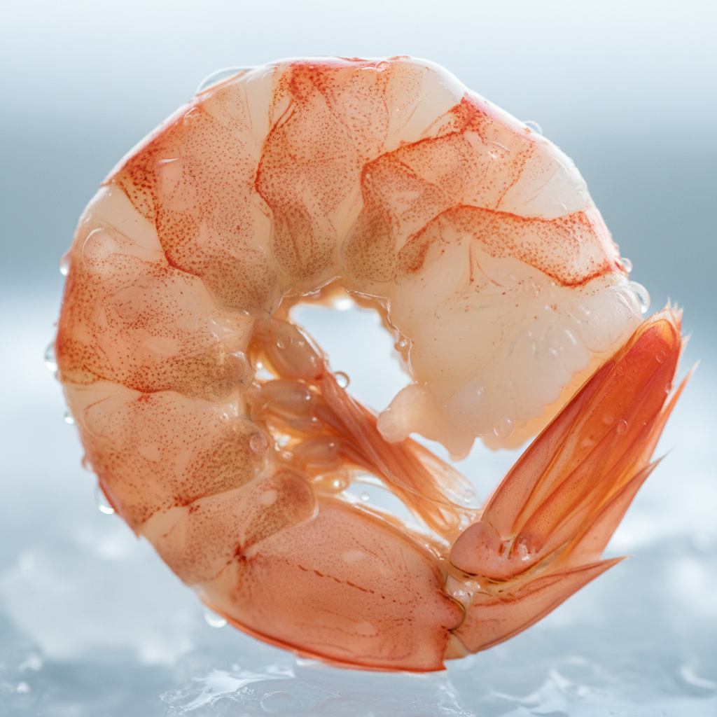 Raw translucent kuruma prawn curled naturally, fresh from Nagasaki waters