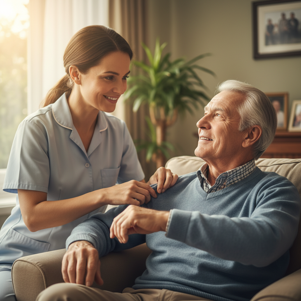 Caregiver helping elderly man with daily activity, professional and gentle