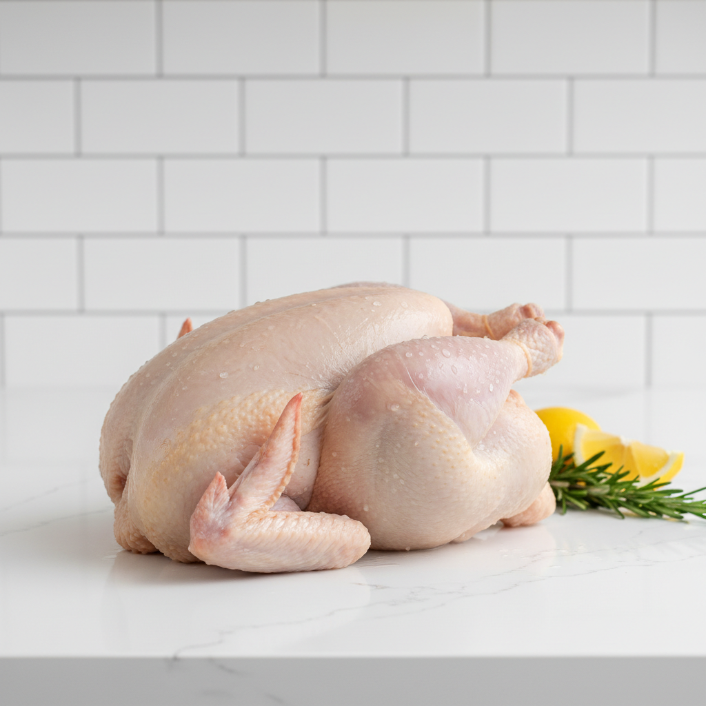 Fresh dressed whole chicken on clean white surface in a professional food preparation kitchen