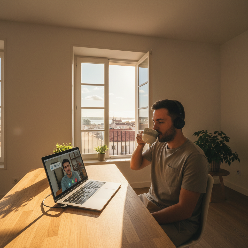 Product manager on a video call from a sunlit Lisbon apartment, laptop showing payslip notification, coffee cup mid-lift, city visible through window