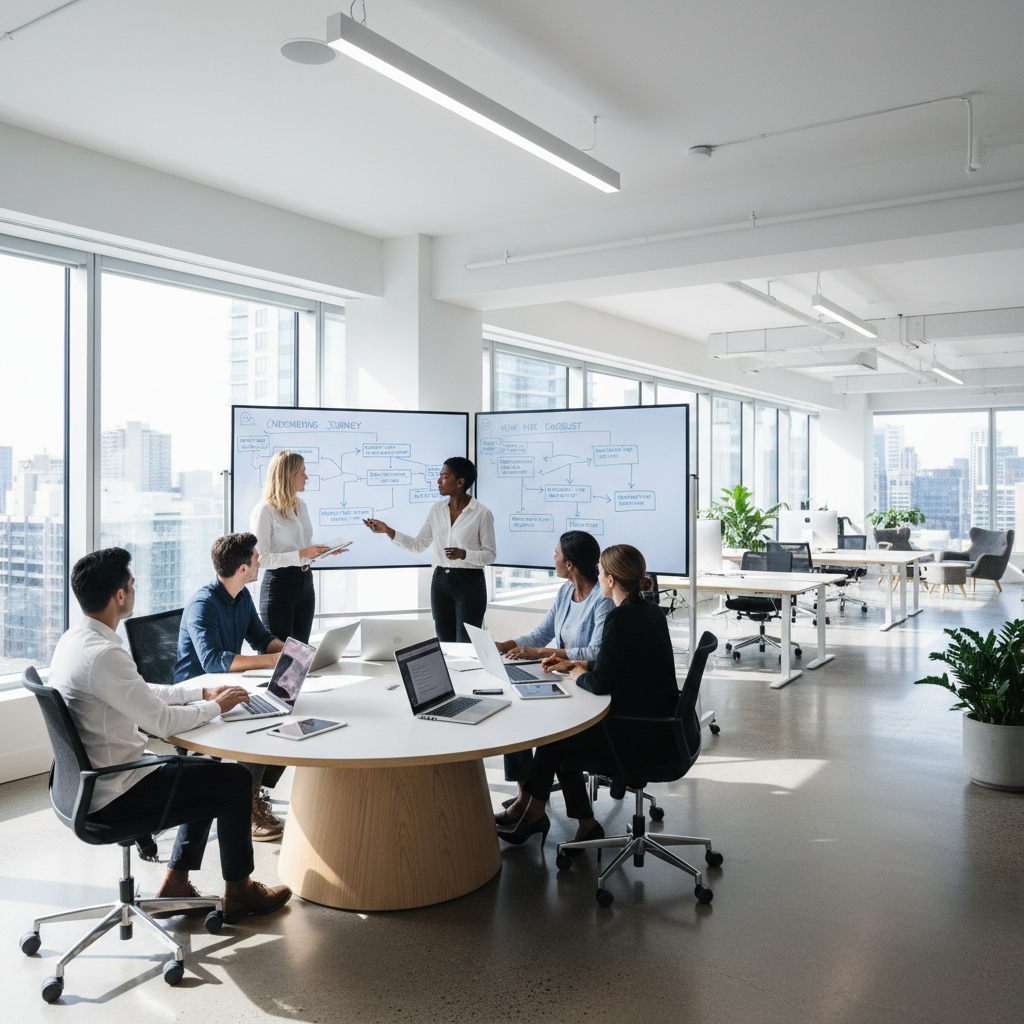 New employee onboarding on their first day in a modern airy workspace