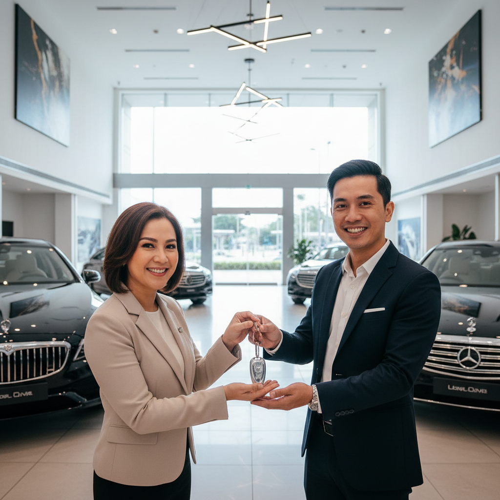 Happy car owner receiving keys, bright dealership environment, clean professional setting