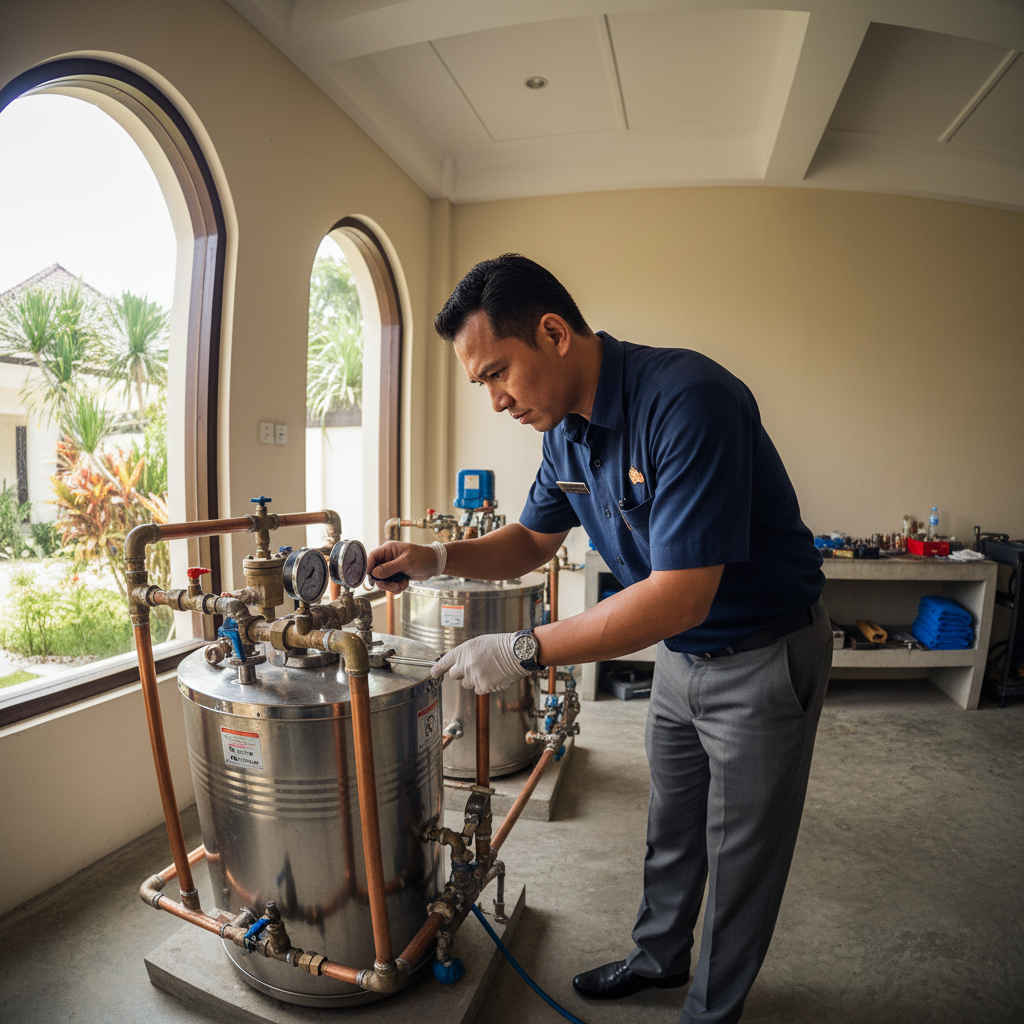 Hotel manager using water heater service Bali